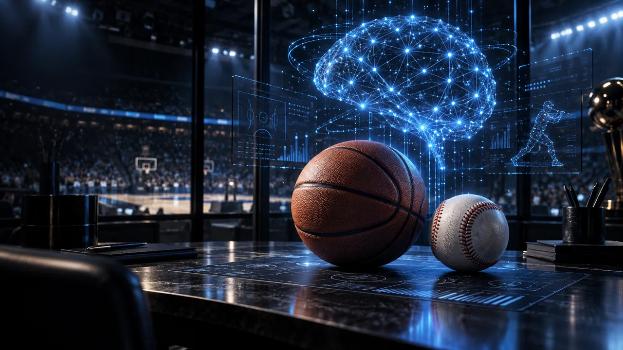 A blue neural lattice above sporting equipment in a research studio