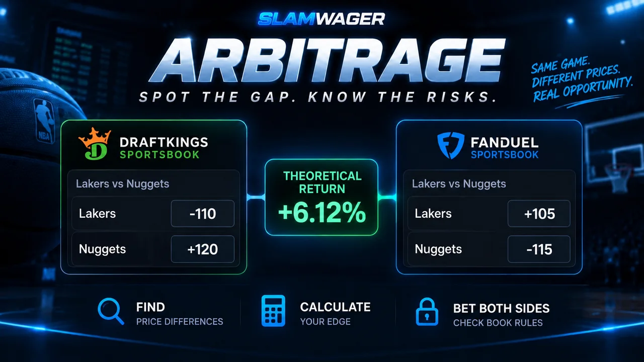 SLAM arbitrage illustration comparing complementary Lakers and Nuggets prices across two books