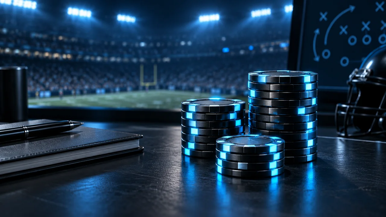 Measured stacks of cyan-edged chips on an analyst's desk