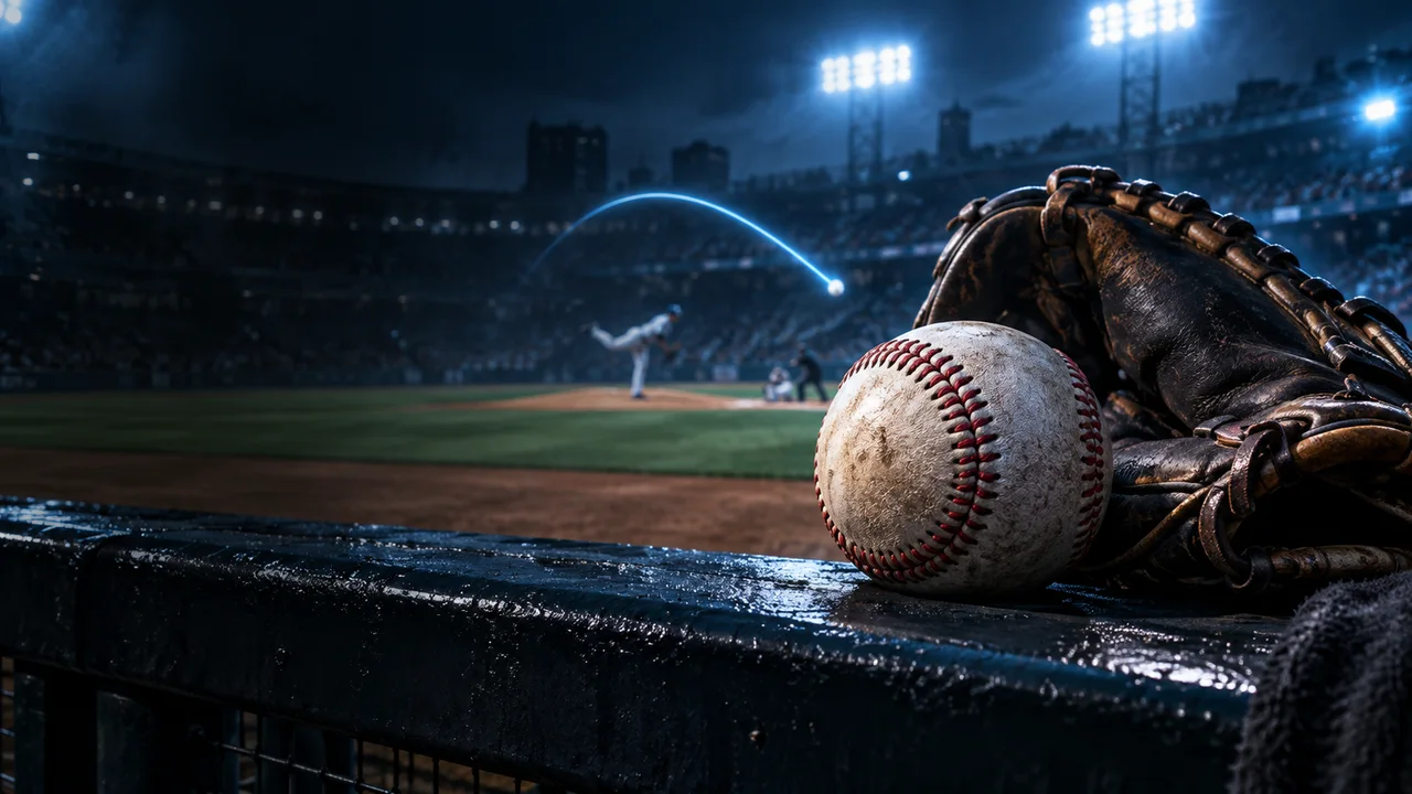 Baseball and pitcher's glove overlooking a floodlit diamond