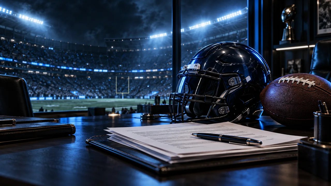 Football helmet and contract papers overlooking a floodlit stadium