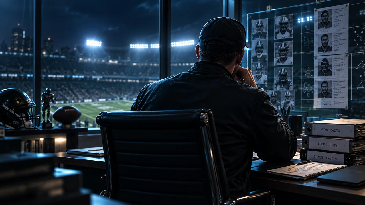 A general manager studying contracts and a roster board beside a stadium