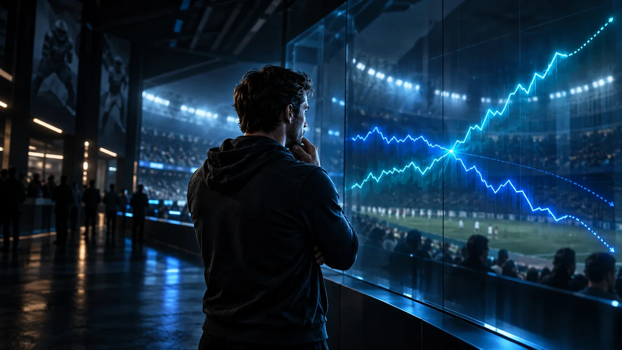 Glowing market paths shifting across a dark stadium display