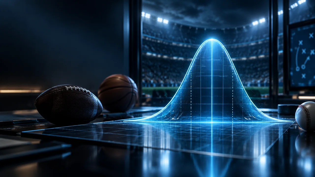 A luminous blue probability curve in a sports analytics studio