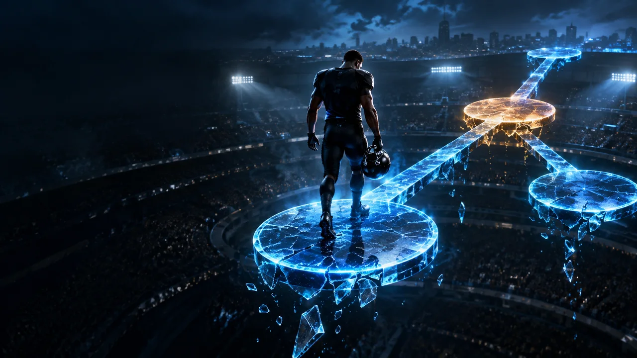A fragile chain of glowing outcome paths above a dark sports arena