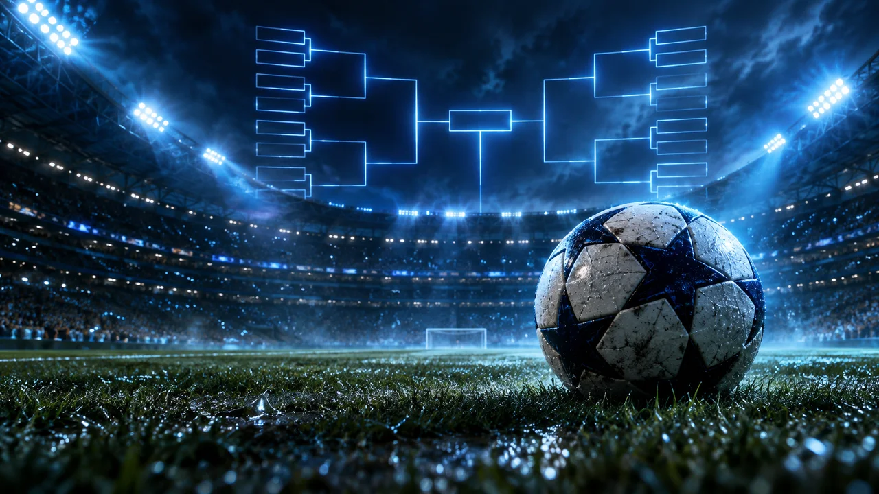Soccer ball on stadium grass beneath glowing tournament paths
