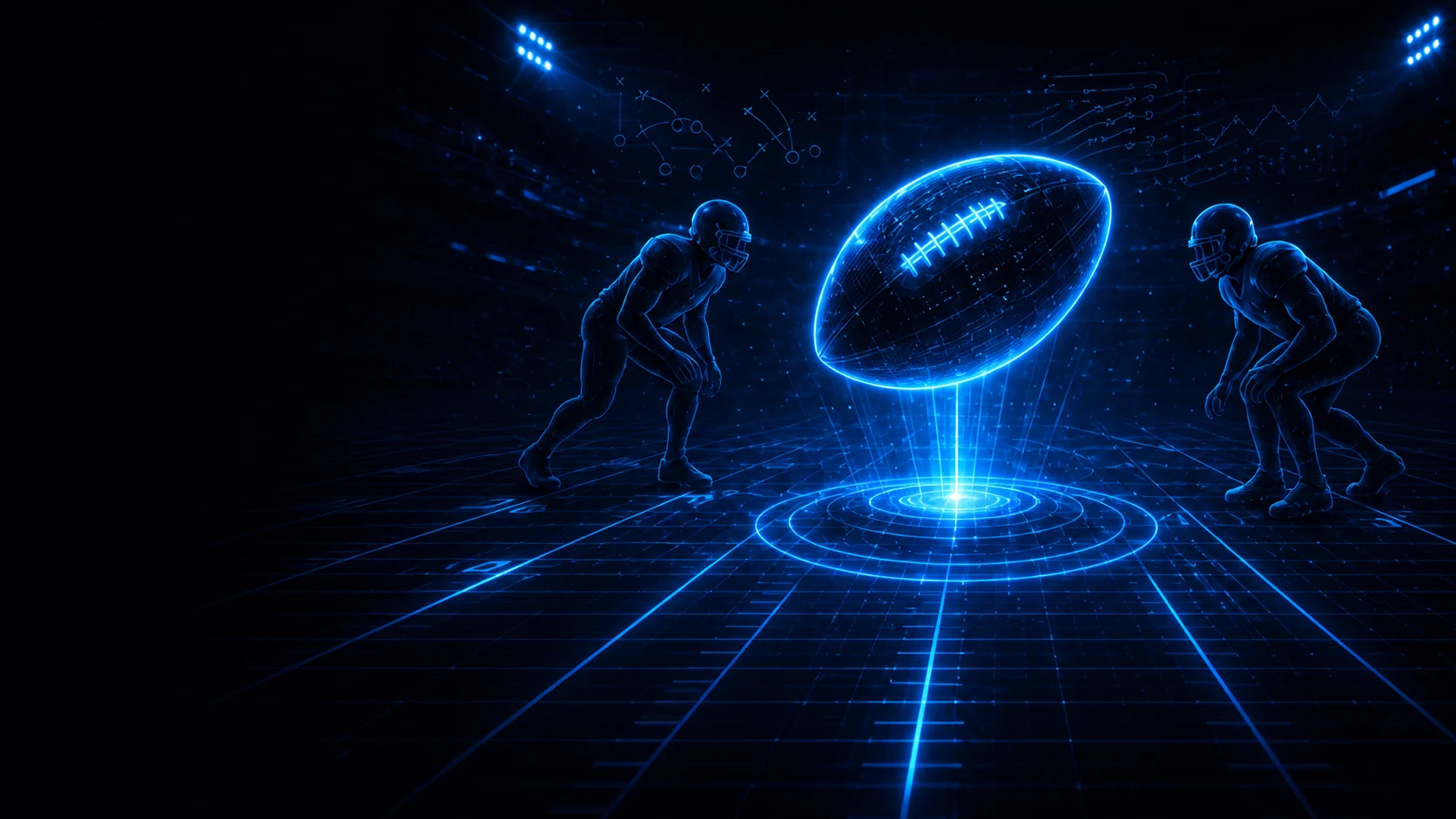 A glowing football suspended above a digital field between two opposing football players